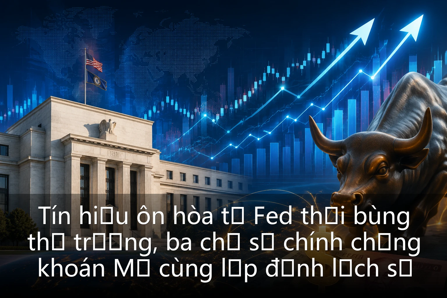 Tín hiệu ôn hòa từ Fed thổi bùng thị trường, ba chỉ số chính chứng khoán Mỹ cùng lập đỉnh lịch sử
